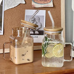 Square Glass Tumbler 620ml Pakistan – Modern Borosilicate Cup with Bamboo Lid, Handle and Straw for Coffee, Smoothies andIced Drinks