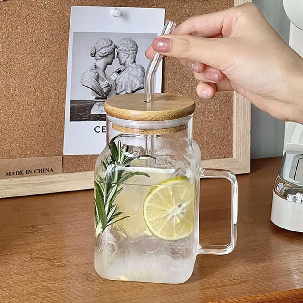 Square Glass Tumbler With Bamboo Lid & Handle And Straw