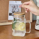 Square Glass Tumbler With Bamboo Lid & Handle And Straw