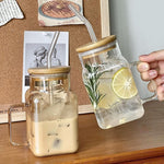 Square Glass Tumbler 620ml Pakistan – Modern Borosilicate Cup with Bamboo Lid, Handle and Straw for Coffee, Smoothies andIced Drinks
