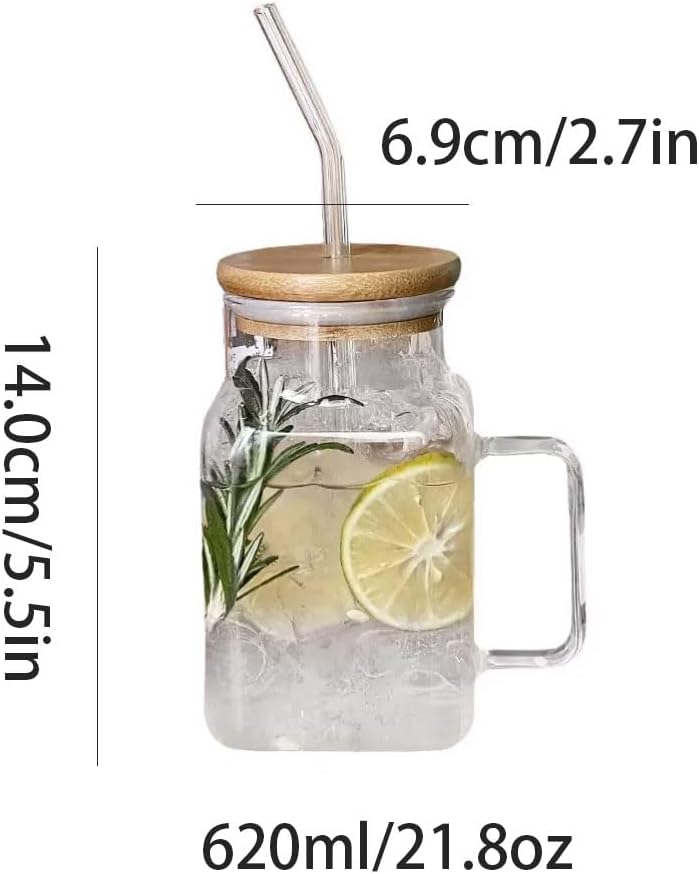 Square Glass Tumbler 620ml Pakistan – Modern Borosilicate Cup with Bamboo Lid, Handle and Straw for Coffee, Smoothies andIced Drinks