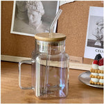 Square Glass Tumbler 620ml Pakistan – Modern Borosilicate Cup with Bamboo Lid, Handle and Straw for Coffee, Smoothies andIced Drinks