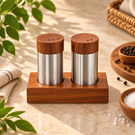 stainless steel salt and pepper shaker set, salt and pepper shaker set of 2, salt pepper shakers with wooden stand, stainless steel seasoning shakers, wooden stand salt pepper set, dining table salt pepper set, kitchen seasoning set, tabletop seasoning set, salt pepper holder, dining table accessories, kitchen accessories, salt and pepper shakers Pakistan, stainless steel shakers Pakistan, salt, pepper, s Pakistan, kitchen accessories Pakistan, buy a sa pepper shaker set Pakistan Stainless steel salt 