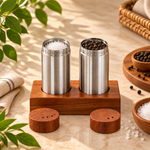 stainless steel salt and pepper shaker set, salt and pepper shaker set of 2, salt pepper shakers with wooden stand, stainless steel seasoning shakers, wooden stand salt pepper set, dining table salt pepper set, kitchen seasoning set, tabletop seasoning set, salt pepper holder, dining table accessories, kitchen accessories, salt and pepper shakers Pakistan, stainless steel shakers Pakistan, salt, pepper, s Pakistan, kitchen accessories Pakistan, buy a sa pepper shaker set Pakistan Stainless steel salt 