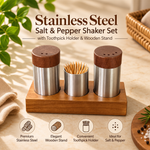 stainless steel salt and pepper shaker set, salt pepper shaker with toothpick holder, salt and pepper set with wooden stand, stainless steel seasoning shakers, dining table seasoning set, salt pepper toothpick holder, wooden stand salt pepper set, tabletop condiment set, kitchen table organizer, dining table accessories, seasoning organizer, salt and pepper shakers Pakistan, salt pepper set Pakistan, kitchen accessories Pakistan, dining table accessories Pakistan