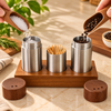 Stainless Steel Salt & Pepper Shaker Set with Toothpick Holder & Solid Wooden Stand