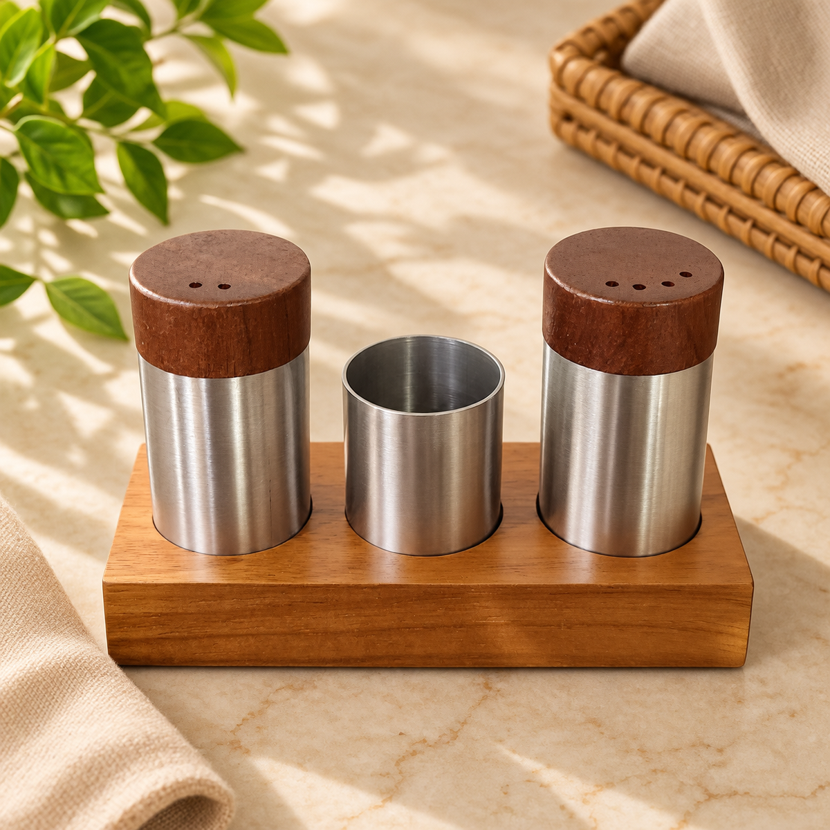 stainless steel salt and pepper shaker set, salt pepper shaker with toothpick holder, salt and pepper set with wooden stand, stainless steel seasoning shakers, dining table seasoning set, salt pepper toothpick holder, wooden stand salt pepper set, tabletop condiment set, kitchen table organizer, dining table accessories, seasoning organizer, salt and pepper shakers Pakistan, salt pepper set Pakistan, kitchen accessories Pakistan, dining table accessories Pakistan