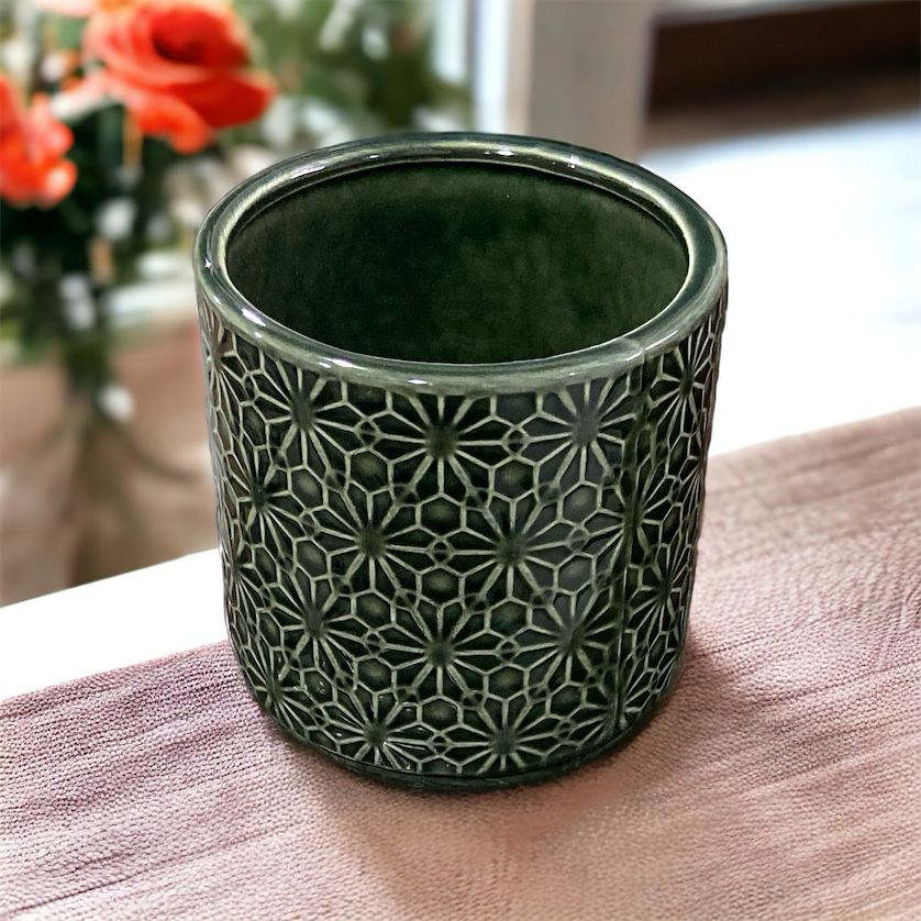 Stamped Floral Design Ceramic Flower Pot - Home Hatch