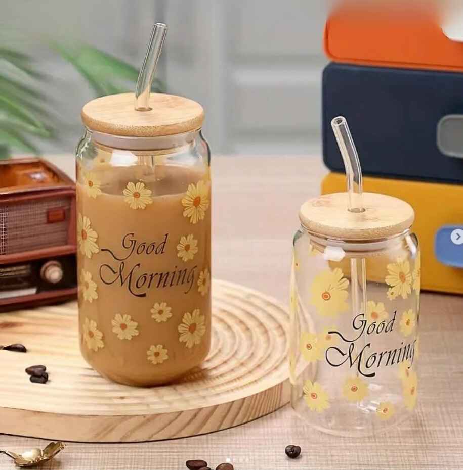 Sunflower Transparent Drinking Glass Tumbler with Bamboo Lid And Glass Straw