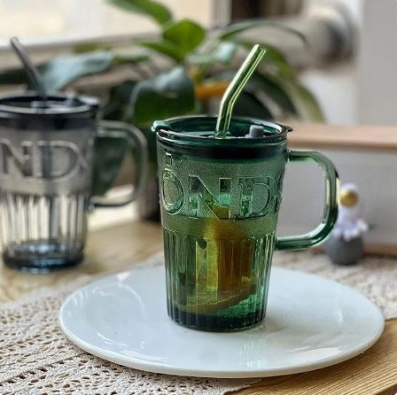 Techmanistan 450ml Frosted Glass Tumbler with Lid & Straw