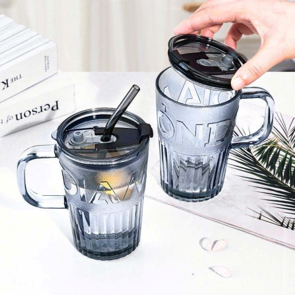 Techmanistan 450ml Frosted Glass Tumbler with Lid &amp; StrawIced Coffee And Smoothie Glass Tumbler Pakistan