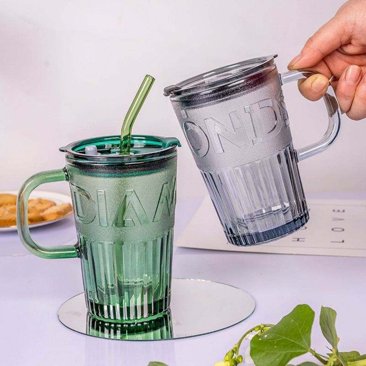 Techmanistan 450ml Frosted Glass Tumbler with Lid &amp; StrawIced Coffee And Smoothie Glass Tumbler Pakistan