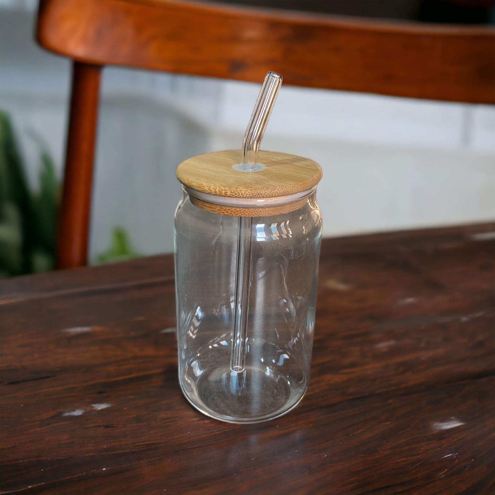 Transparent Round Drinking Glass Tumbler with Bamboo Lid And Glass Str