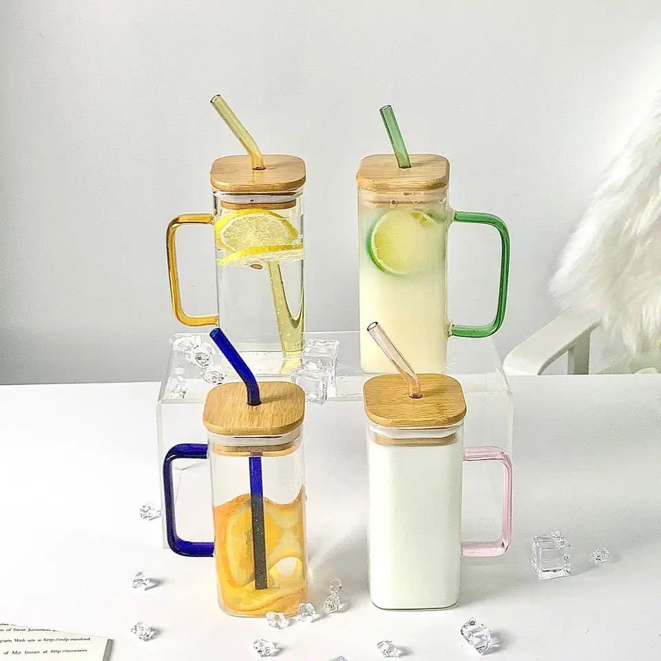 Transparent Square Bamboo Lid Tumbler Drinking Glass with Glass Straw and Colourful Handle