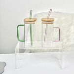 Transparent Square Bamboo Lid Tumbler Drinking Glass with Glass Straw and Colourful Handle