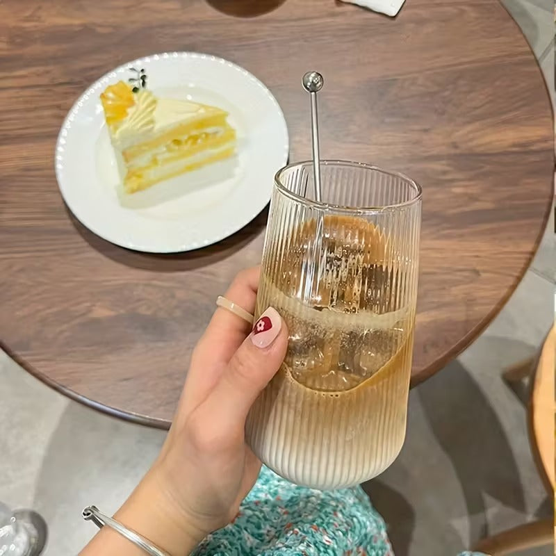 Vertical Stripe Drinking Glass Tumbler – Heat Resistant Mug for Iced Coffee & Drinkware