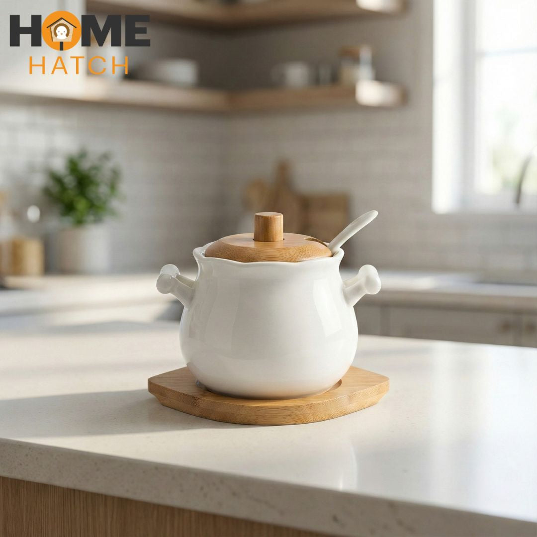 Vintage Ceramic Sugar Bowl with Bamboo Lid, Spoon & Base