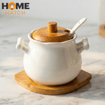 Vintage Ceramic Sugar Bowl with Bamboo Lid, Spoon & Base