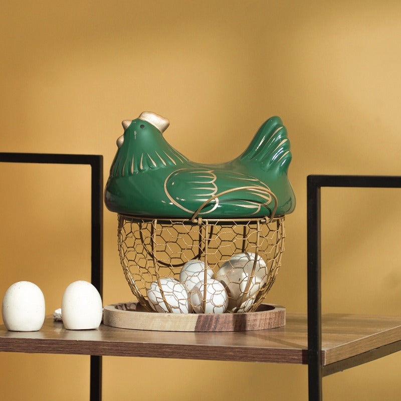 Golden Egg Storage Basket With Ceramic Lid | Hen Basket