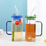 2pcs Transparent Square Glass Tumbler Drinking Glass with Glass Straw and Handle