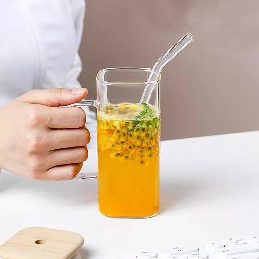 2pcs Transparent Square Glass Tumbler Drinking Glass with Glass Straw and Handle