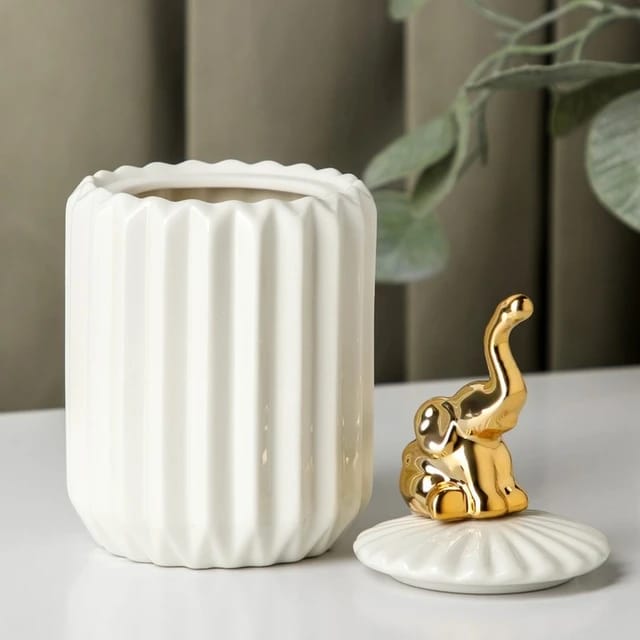 Gold Animal Lid White Ceramic Candy Jar | Storage Jar | Center Piece