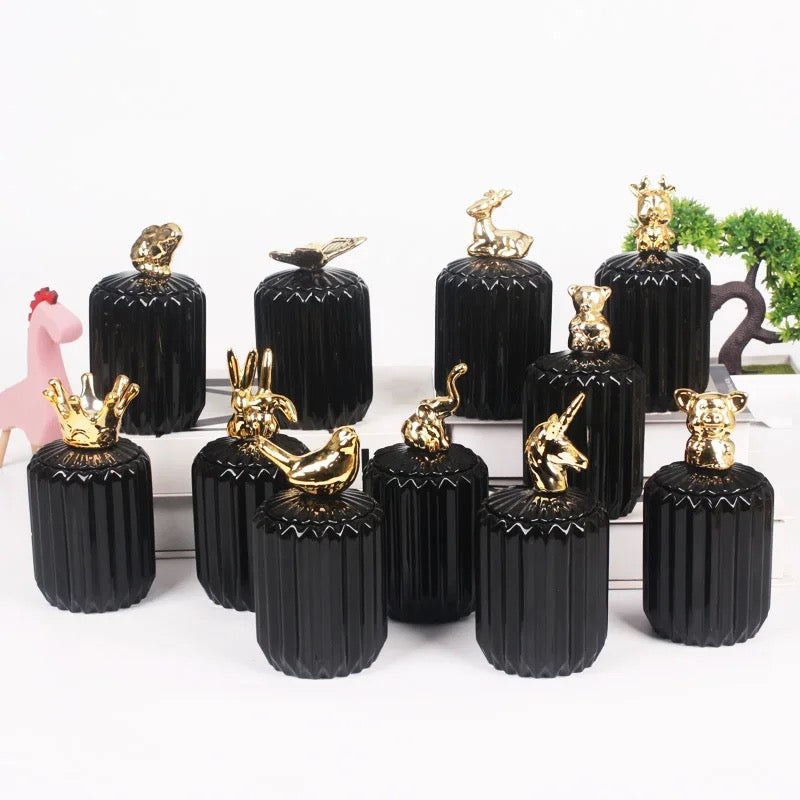 Gold Animal Lid Black Ceramic Candy Jar | Storage Jar | Center Piece