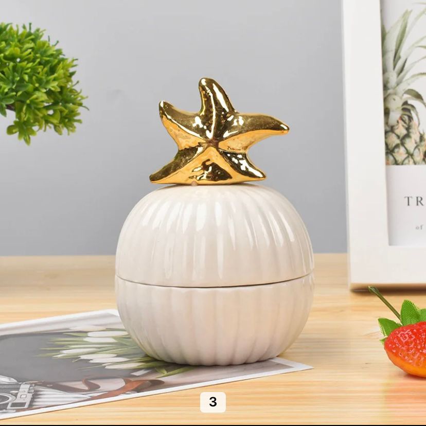 Round Gold Animal Lid White Ceramic Candy Jar | Storage Jar | Center Piece