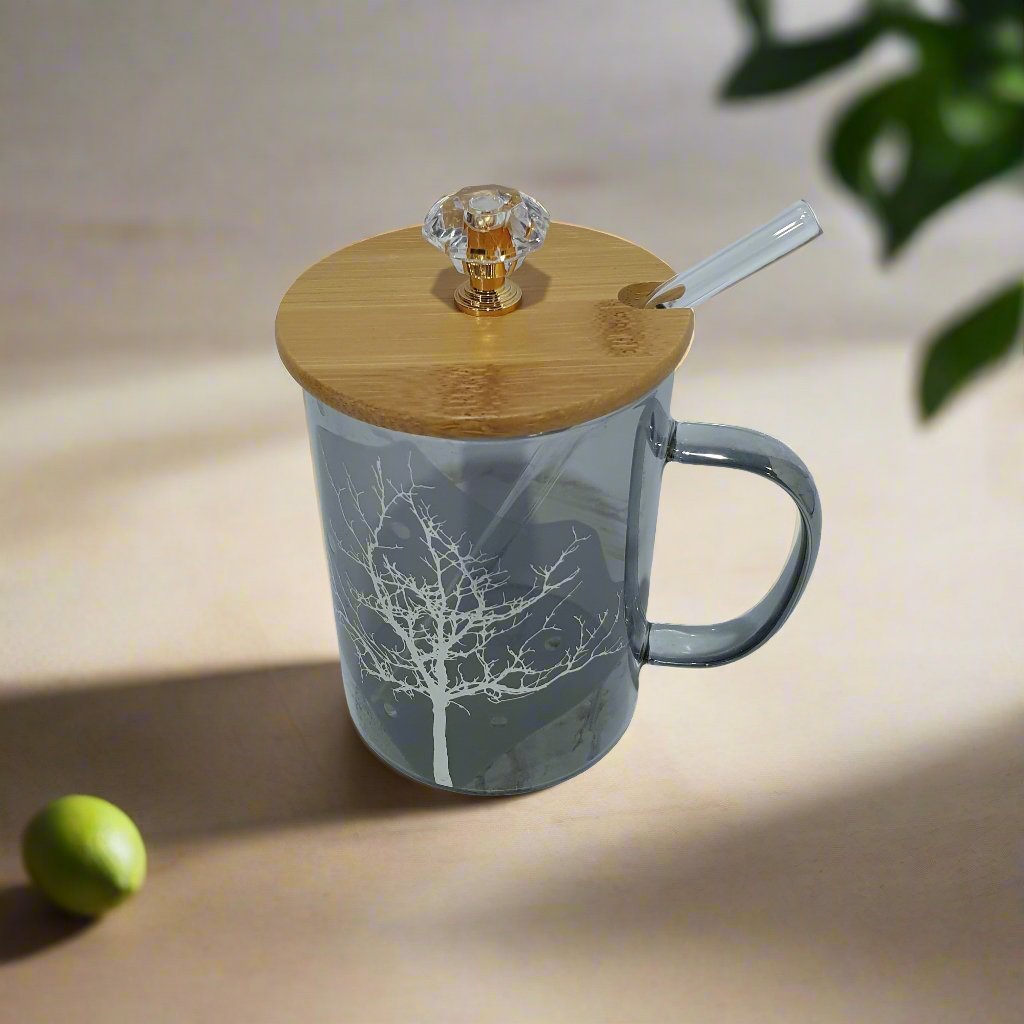 Tree printed Tumbler With Bamboo Lid and Glass Straw