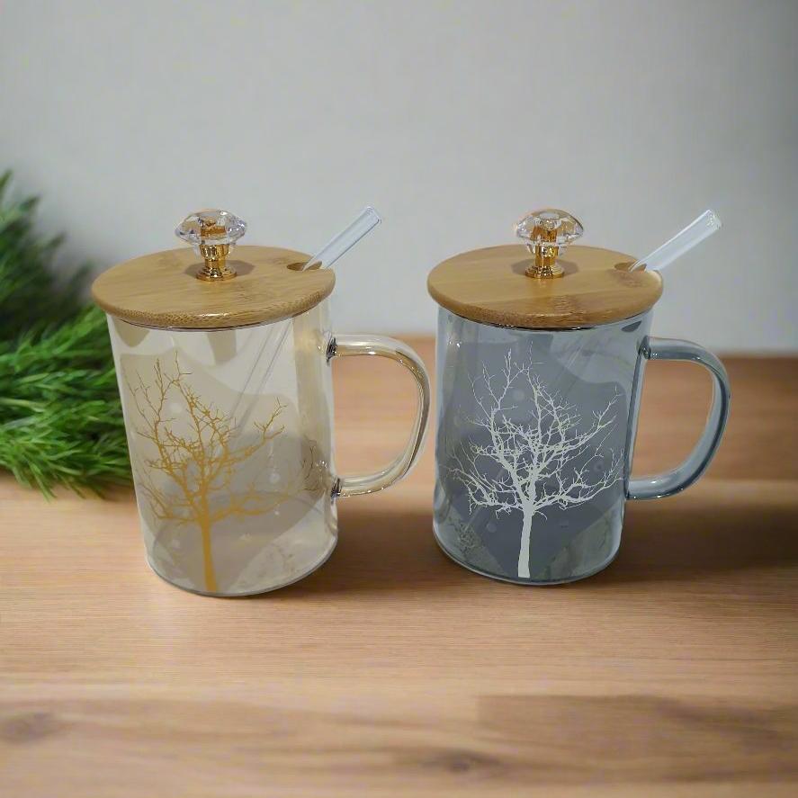 Tree printed Tumbler With Bamboo Lid and Glass Straw