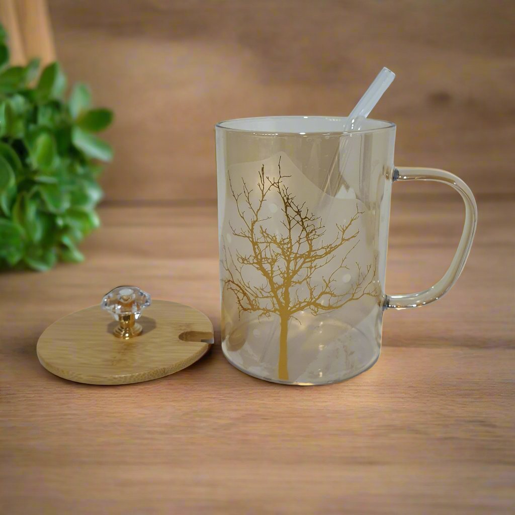 Tree printed Tumbler With Bamboo Lid and Glass Straw