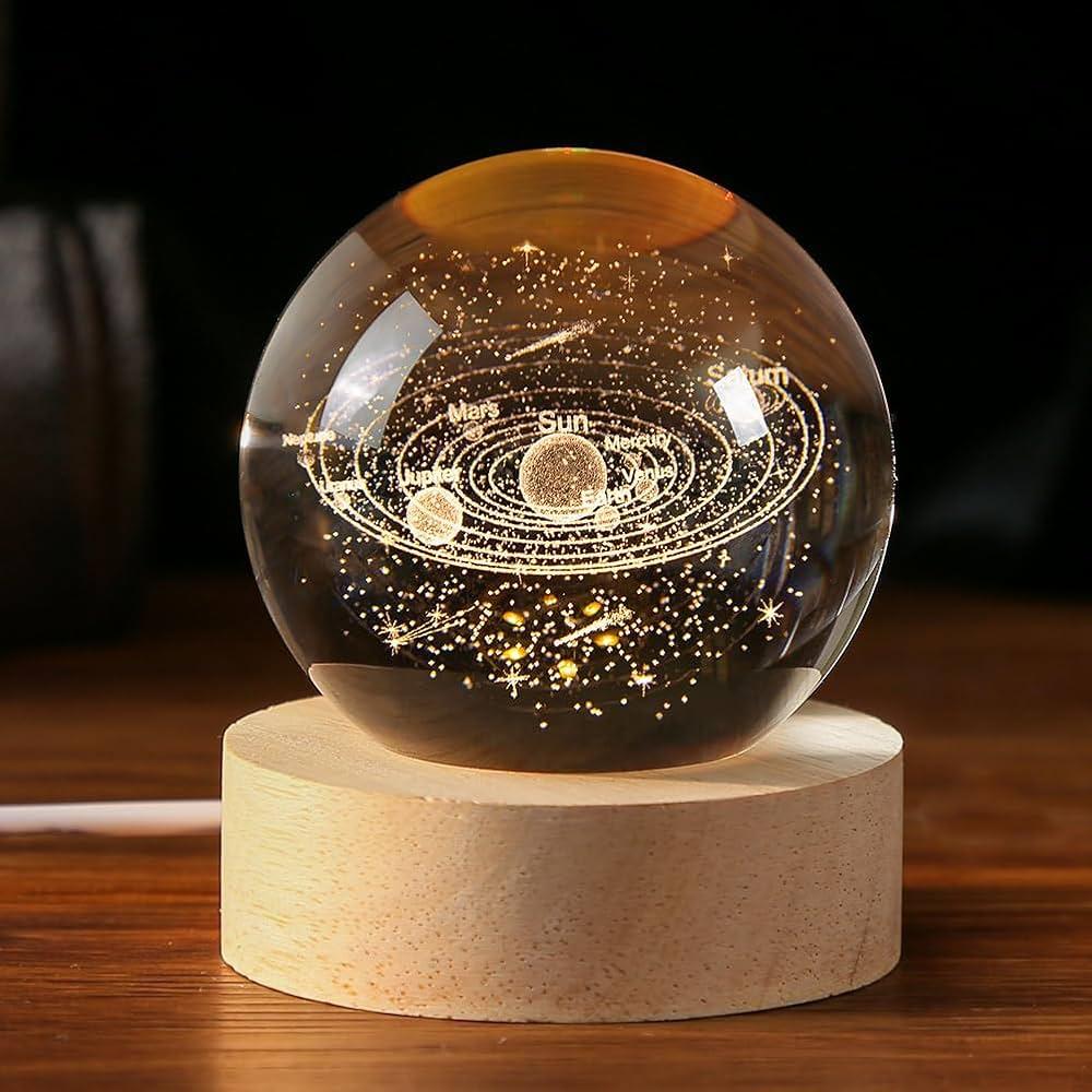 3D Galaxy Crystal Ball Night Light With Wooden Base