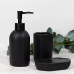 Modern ceramic bathroom accessories set – soap dispenser, tumbler, and soap dish in grey, black, and white by Home Hatch Pakistan