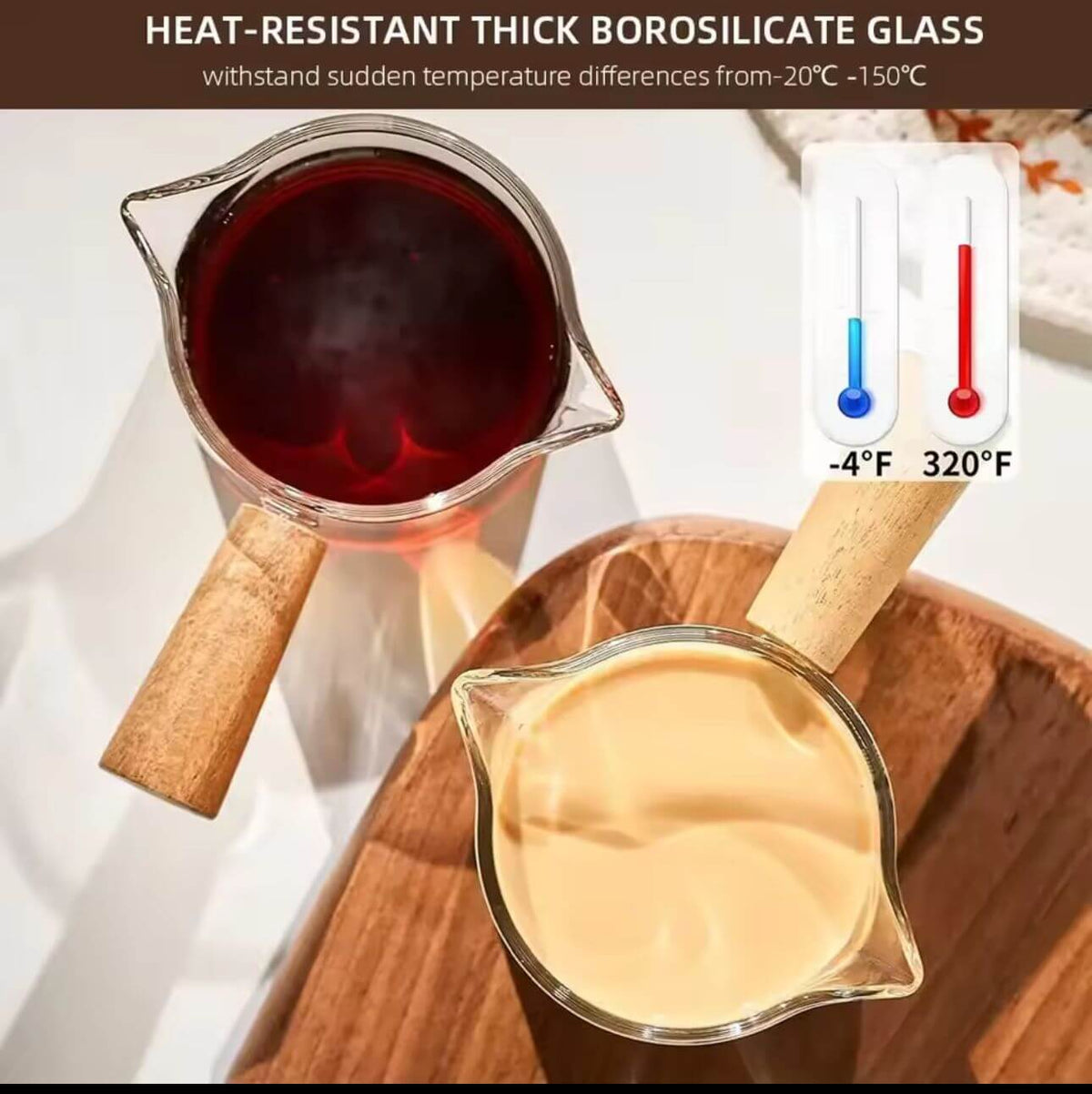 Multi-purpose glass server with wooden handle, used for coffee, milk, sauces, salad dressings, and condiments.