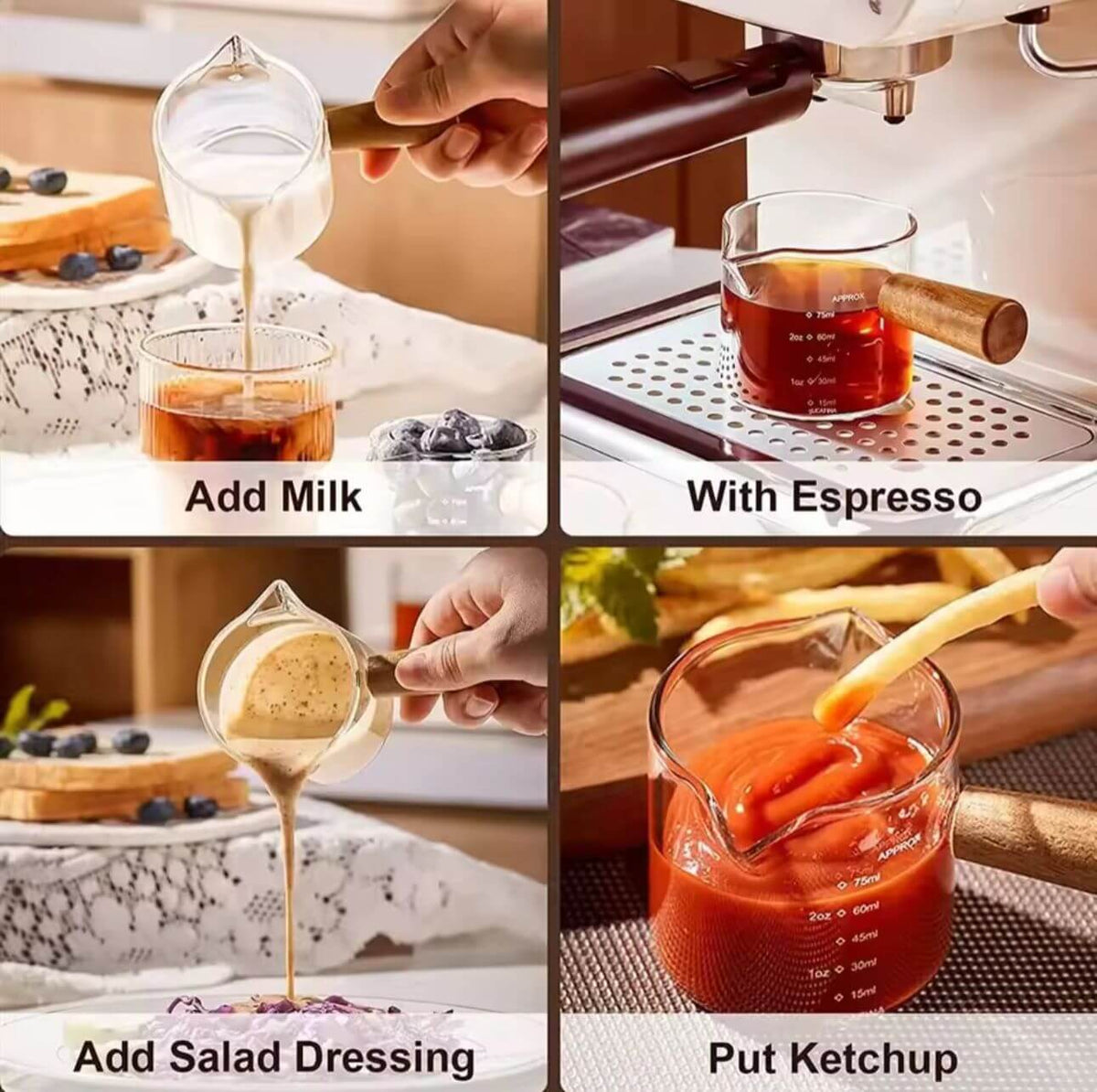 Multi-purpose glass server with wooden handle, used for coffee, milk, sauces, salad dressings, and condiments.