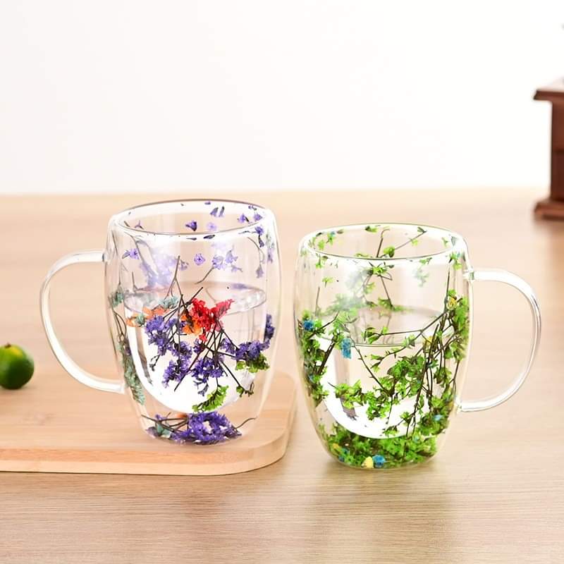Aesthetic Flowers and Feather Inside Double Walled Filled Glass Mugs