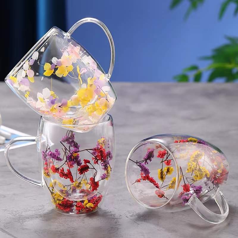 Aesthetic Flowers and Feather Inside Double Walled Filled Glass Mugs
