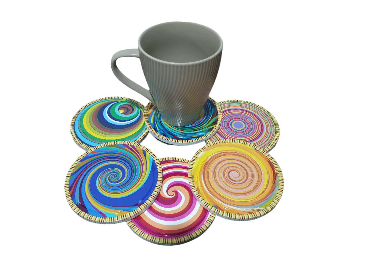 Round Design Colored Pattern Drink Coasters With Thin Cork Bottom | Set of 2