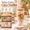 White Daisy Glass Tumbler with Bamboo Lid & Glass Straw – Aesthetic Drinkware Cup