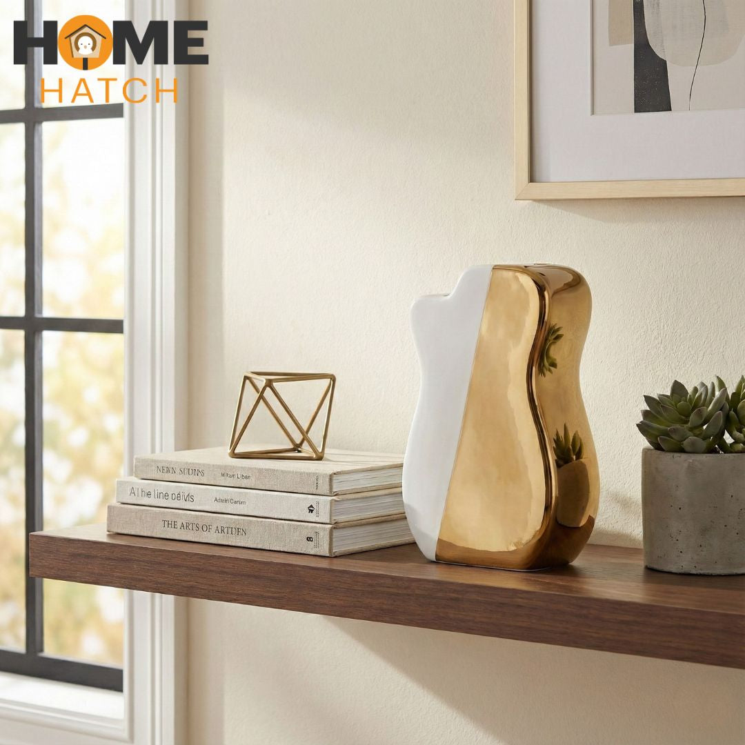 White & Gold Abstract Ceramic Vase – Modern Sculptural Decorative Vase