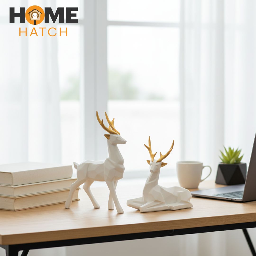 White & Gold Geometric Deer Figurine Set – Modern Resin Animal Sculptures for Home Décor in Pakistan