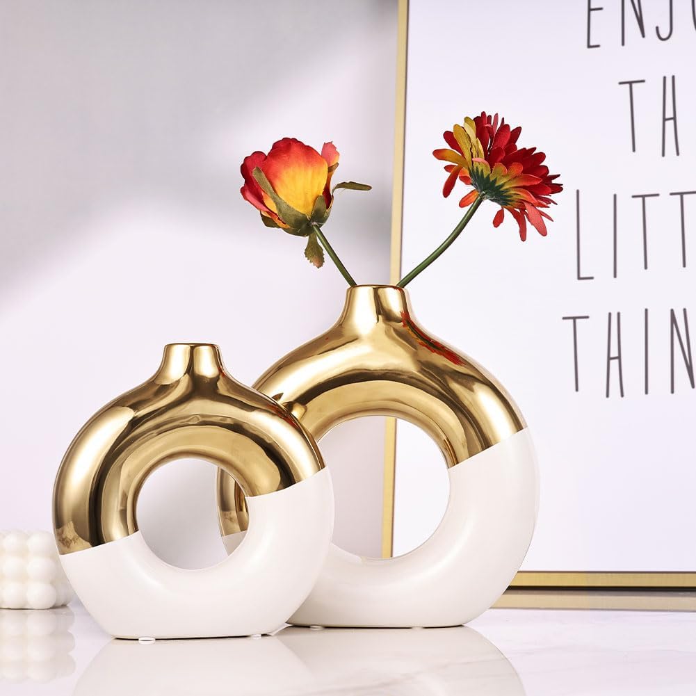 Donut Shaped White And Gold Ceramic Vase | Pots & Vases | Home Décor