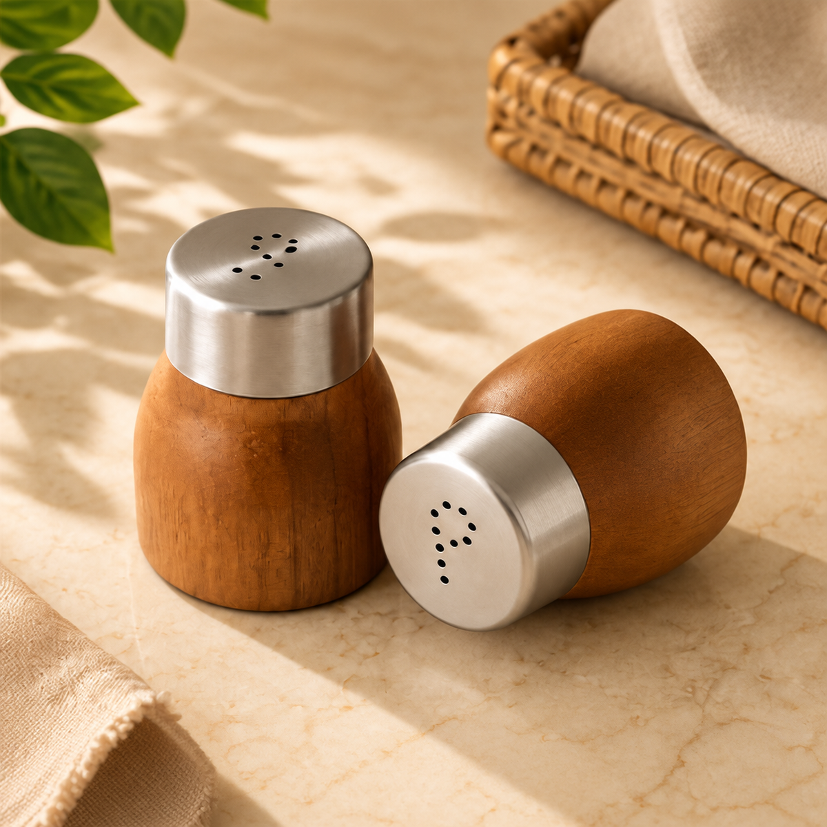 wooden salt and pepper shaker set, wooden salt pepper shakers, salt and pepper set of 2, stainless steel lid shakers, wooden seasoning shakers, salt pepper shaker set, dining table salt pepper set, kitchen seasoning set, wooden kitchen accessories, dining table accessories, wooden tableware, salt and pepper shakers Pakistan, wooden salt pepper set Pakistan, kitchen accessories Pakistan, buy wooden salt pepper shakers Pakistan