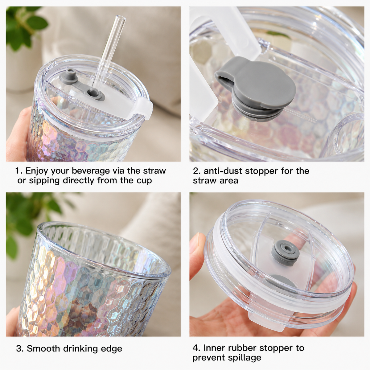 aurora crystal glass tumbler with lid and glass straw premium iridescent drink cup