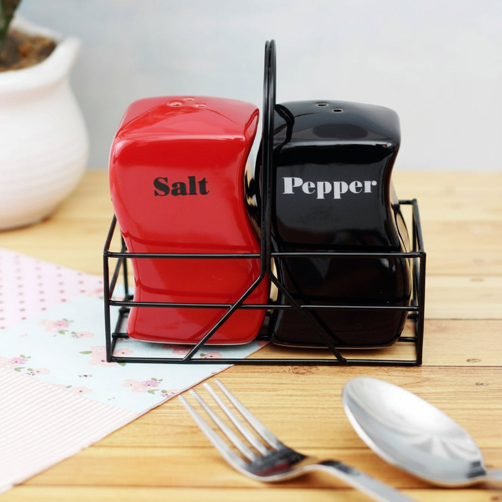 ceramic salt and pepper shaker set with metal holder modern kitchen seasoning dispenser