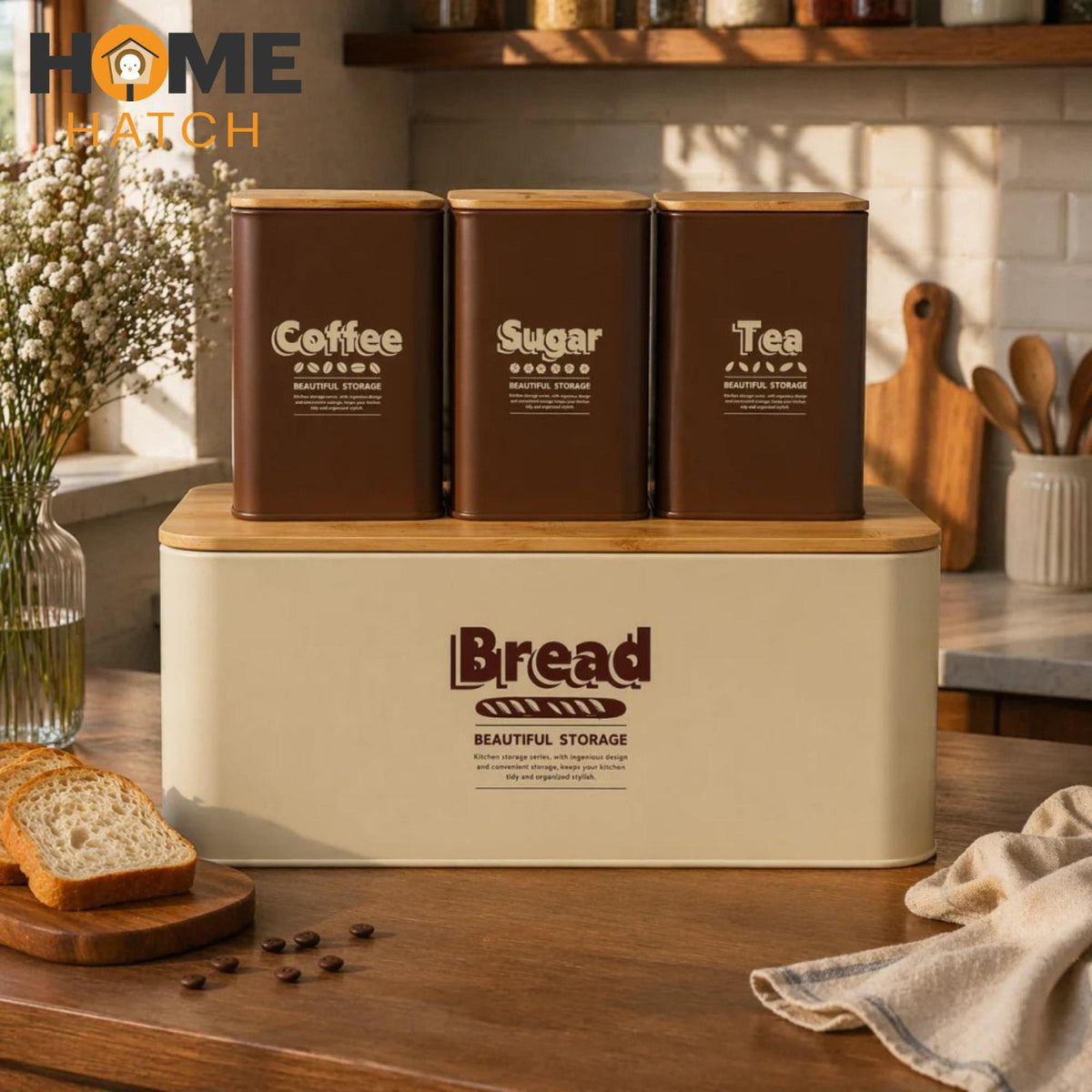 cream bread bin and brown kitchen canister set with bamboo lids tea coffee sugar storagePakistanbread bin set Pakistanbamboo lid canister settea coffee sugar jars Pakistankitchen storage set modernHome Hatch kitchen setmetal bread bin Pakistanminimalist kitchen organizercountertop storage jarseco friendly kitchen storagekitchen canister set Pakistan