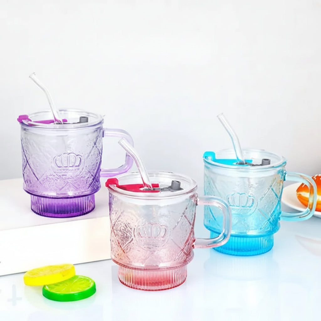 crown glass mug with lid and glass straw premium crystal drink cup