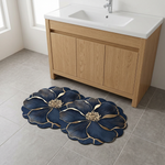 Dark navy blue floral mat in a bathroom