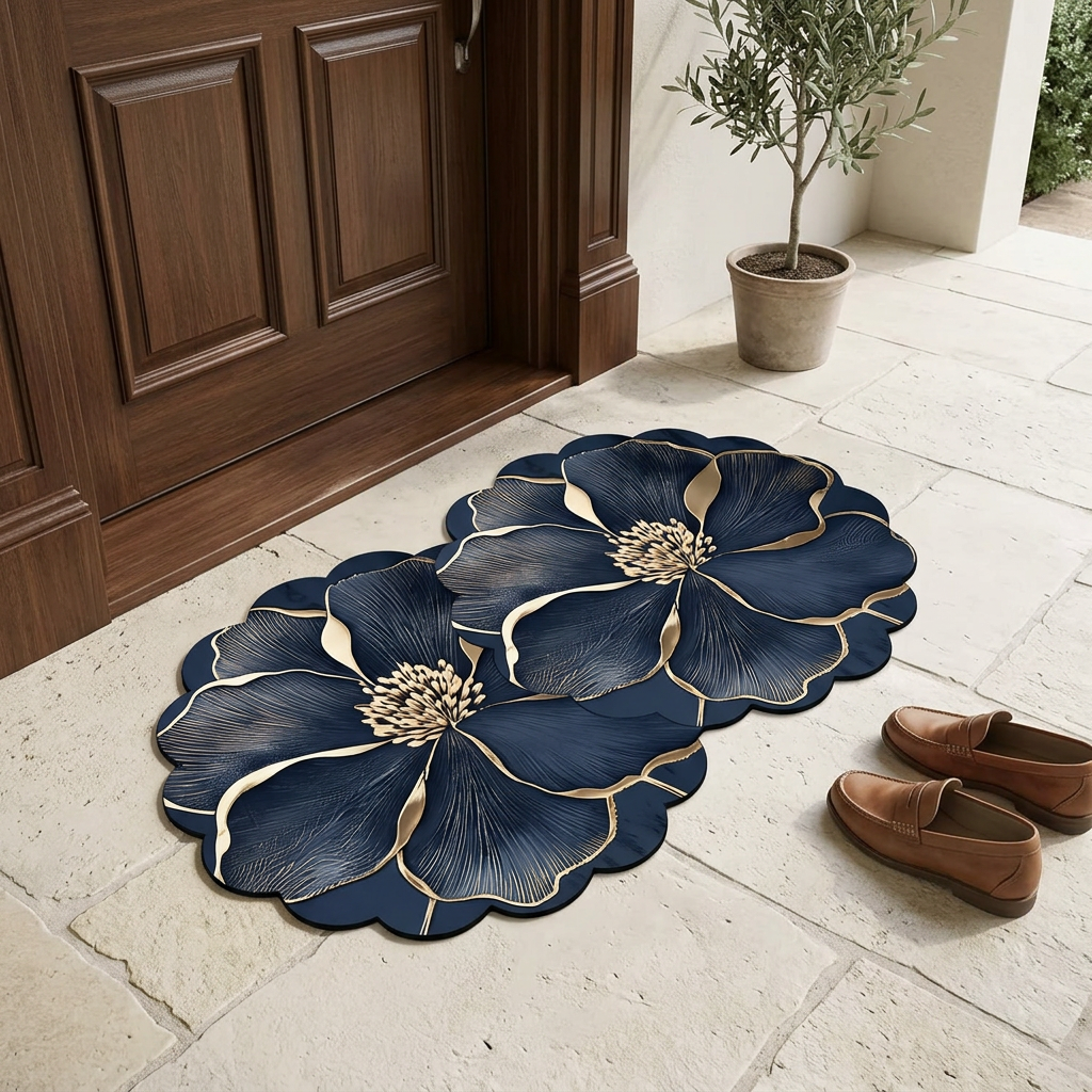 Dark navy blue floral mat outside the door