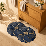 Dark navy floral mat in a warm neutral bathroom